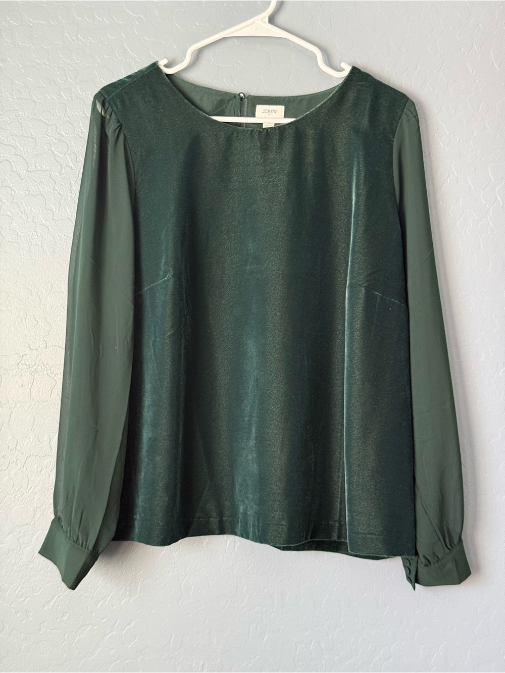J. Crew NWOT - Dark Green Velvet Front Long-Sleeve Blouse XL